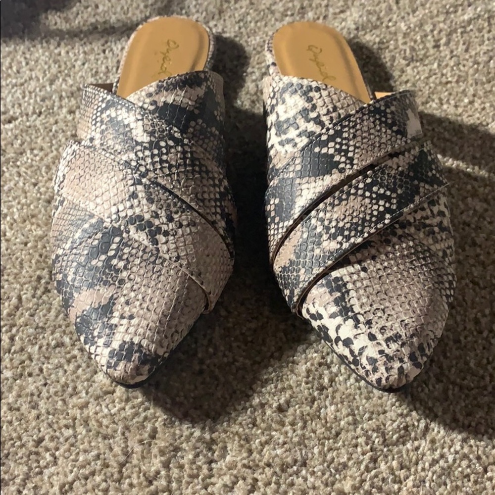 Faux snakeskin mules